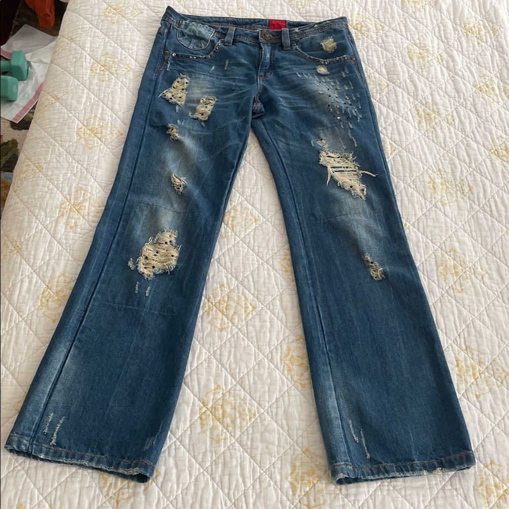 V‎ Cristina Women's Rhinestone Distressed Jeans Size 8 Blue Denim Bootcut